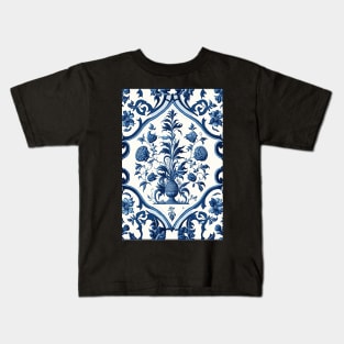 Floral Garden Botanical Print with Delft Blue and White Kids T-Shirt